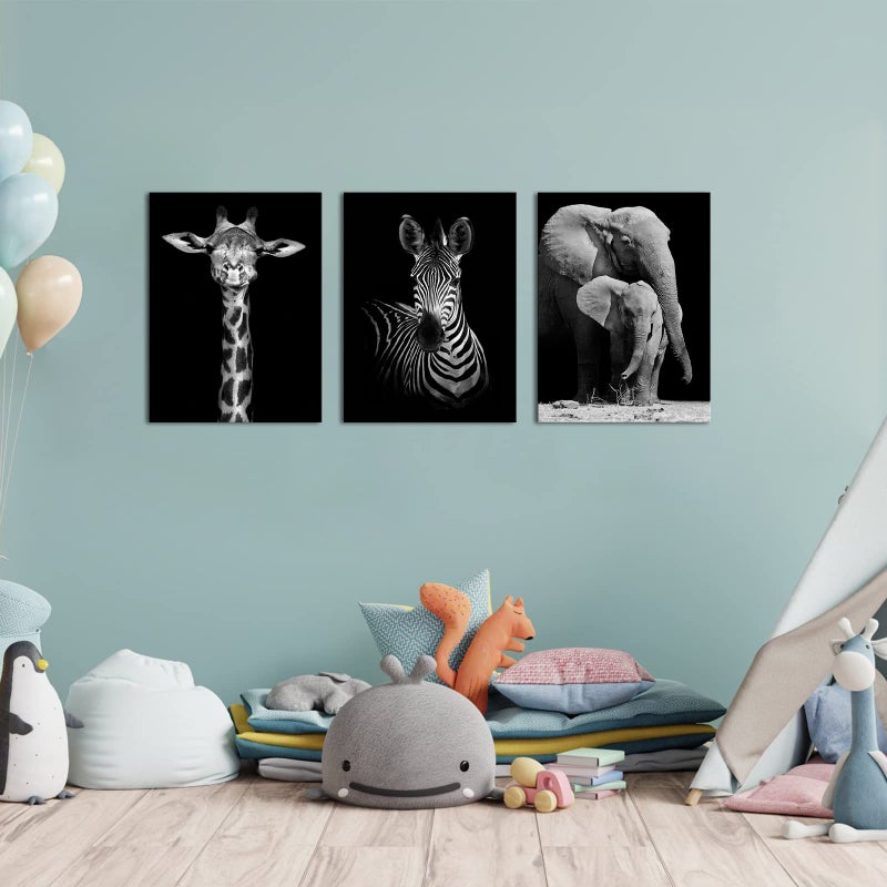 Visual Art Decor Black and White African Wildlife Canvas Wall Art Animal Zebra Giraffe Elephant Portrait Picture Poster Artwork for Home Living Room Bedroom Room Kids Room Office Wall Decoration Ready to Hang - Image 2